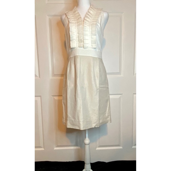 Ann Taylor Loft Dresses & Skirts - Ann Taylor Loft White Champagne Metallic Ruffle V-Neck Sheath Dress Size 4